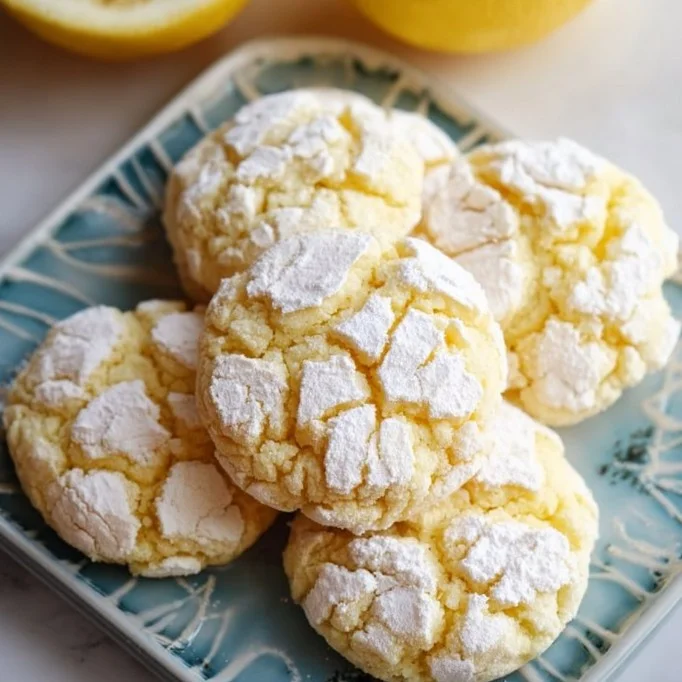 Freshly baked Lemon Crinkle Cookies with a crinkly surface and yellow hue