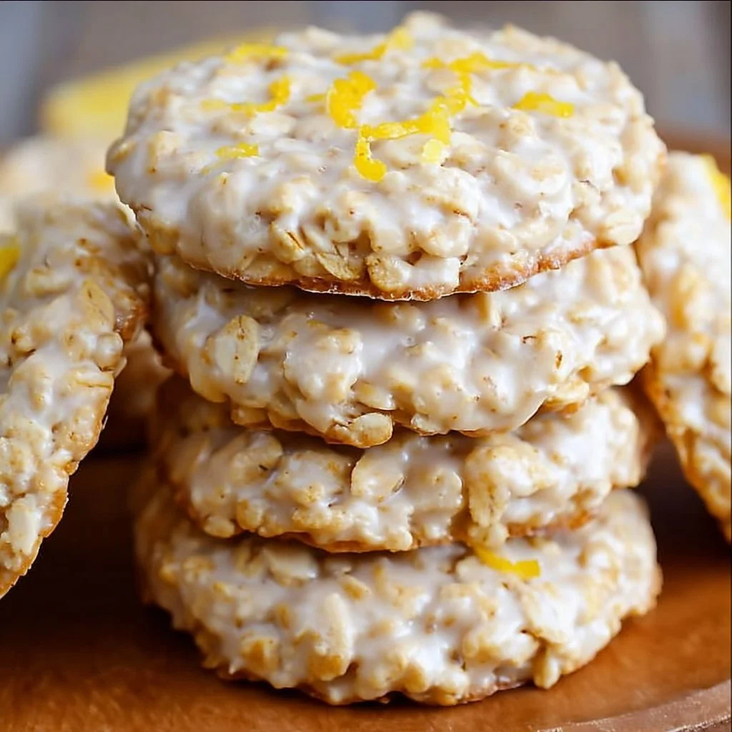 Lemon oatmeal no-bake cookies on a plate topped with lemon zest.