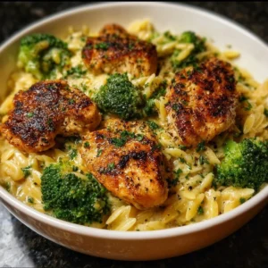 Lemon Pepper Chicken served with Broccoli Orzo on a plate