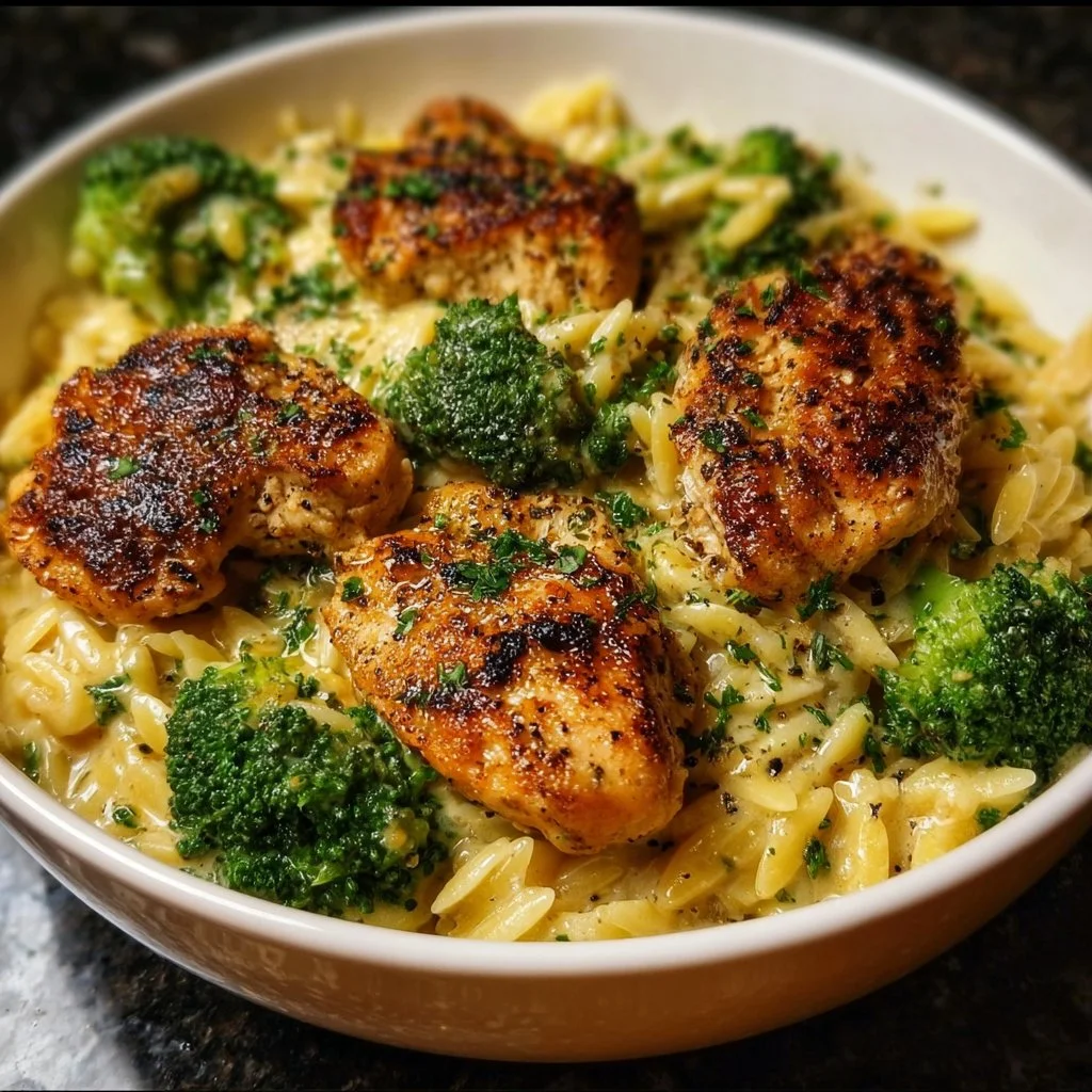 Lemon Pepper Chicken served with Broccoli Orzo on a plate