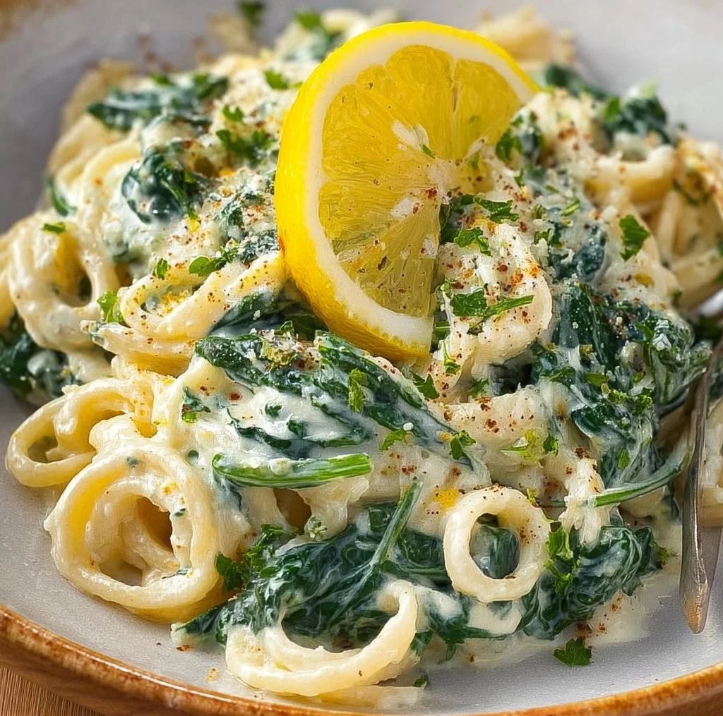 Delicious Lemon Ricotta Pasta mixed with fresh spinach