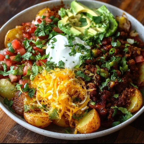Delicious Loaded Potato Taco Bowl with crispy potatoes and savory toppings.