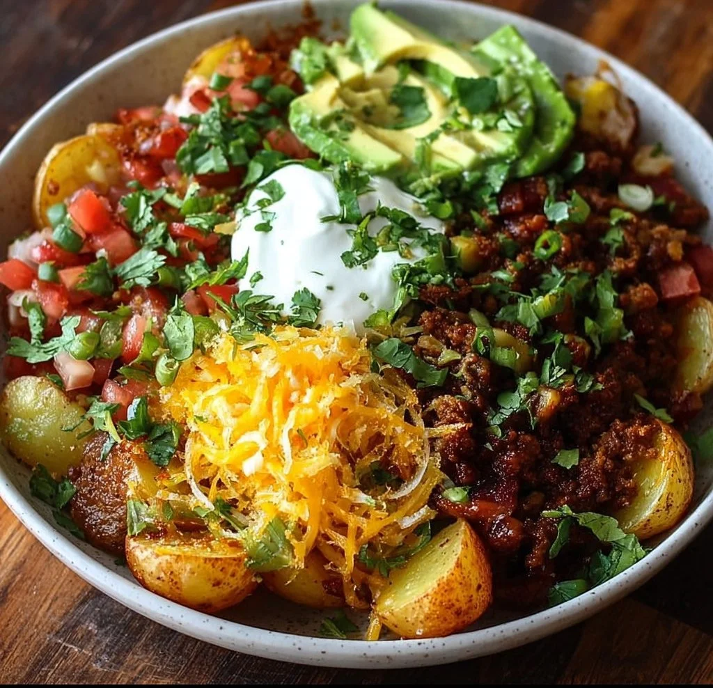 Delicious Loaded Potato Taco Bowl with crispy potatoes and savory toppings.