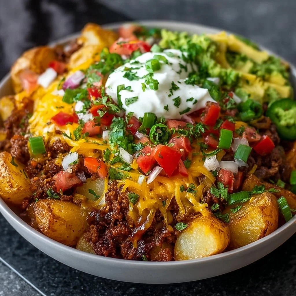 Delicious loaded potato taco bowl with toppings and fresh ingredients