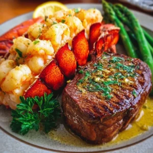 Delicious lobster tail and steak served together on a plate
