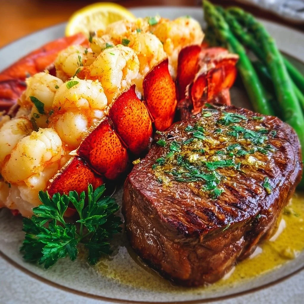 Delicious lobster tail and steak served together on a plate