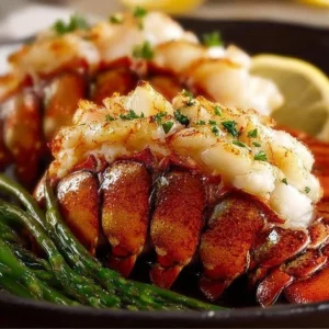 Deliciously cooked lobster tail served with lemon and herbs on a plate.