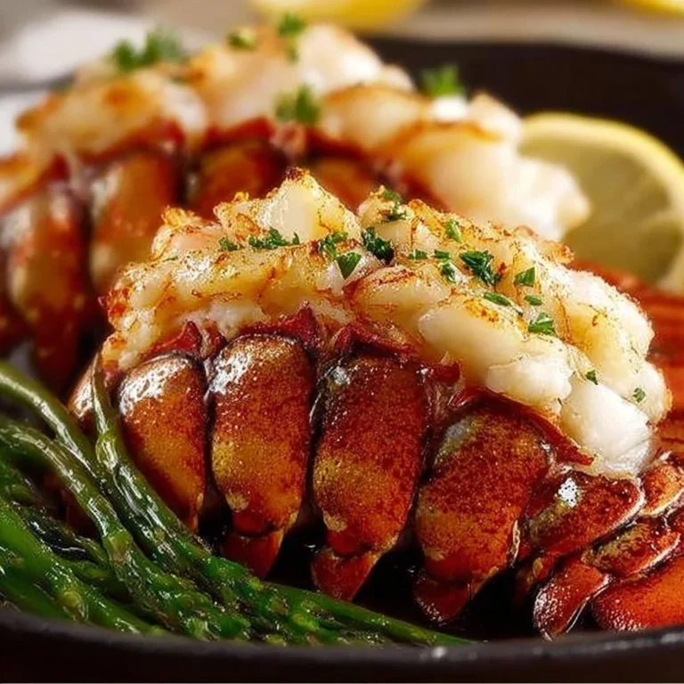 Deliciously cooked lobster tail served with lemon and herbs on a plate.