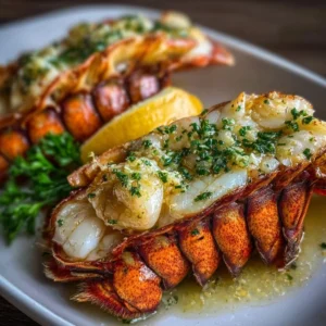 Delicious lobster tail served with garlic butter on a plate.