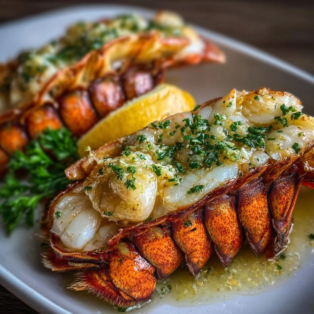 Delicious lobster tail served with garlic butter on a plate.