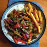 A delicious plate of Lomo Saltado, a traditional Peruvian stir-fry with beef and vegetables