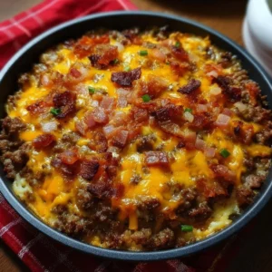 Low-carb bacon cheeseburger casserole ready to serve, garnished with fresh herbs.