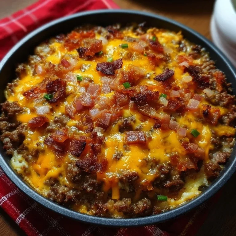 Low-carb bacon cheeseburger casserole ready to serve, garnished with fresh herbs.