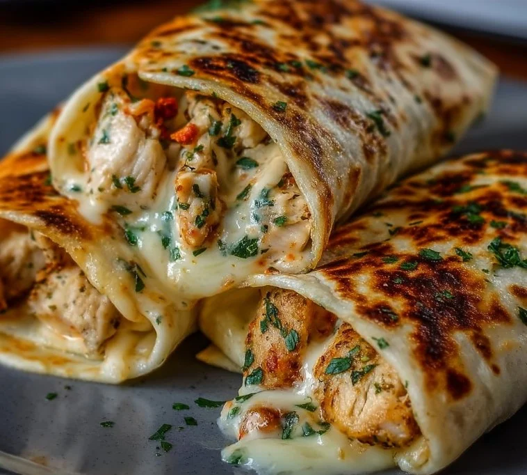 Low carb cheesy garlic chicken wraps garnished with fresh herbs on a plate.