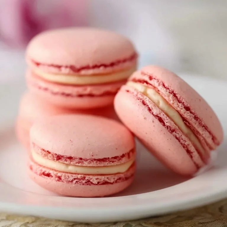 Homemade macarons arranged on a plate with colorful fillings