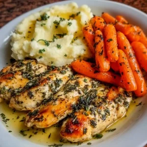 Garlic Herb Chicken with mashed potatoes and glazed carrots on a plate