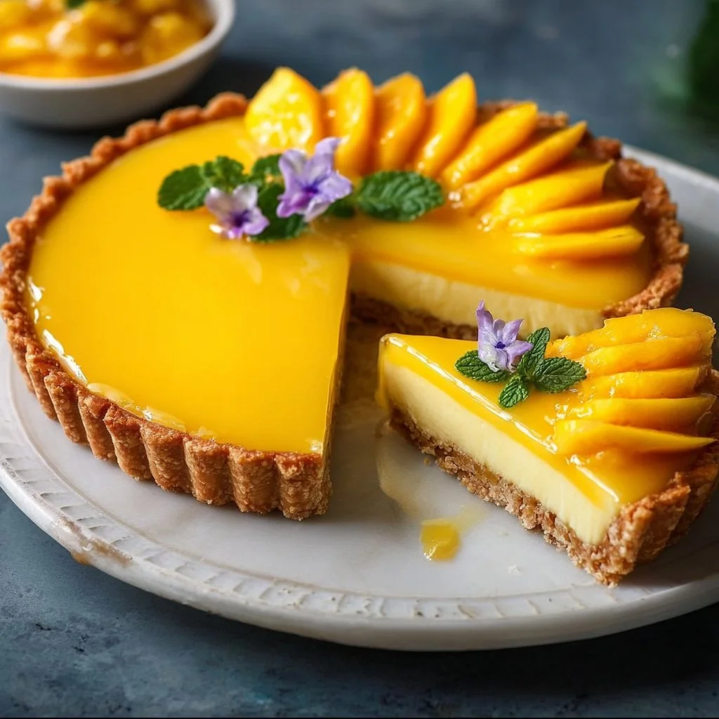 Delicious Mango Curd Tart garnished with fresh mango slices.
