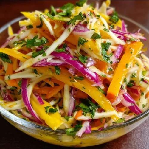Colorful mango slaw with fresh vegetables in a bowl