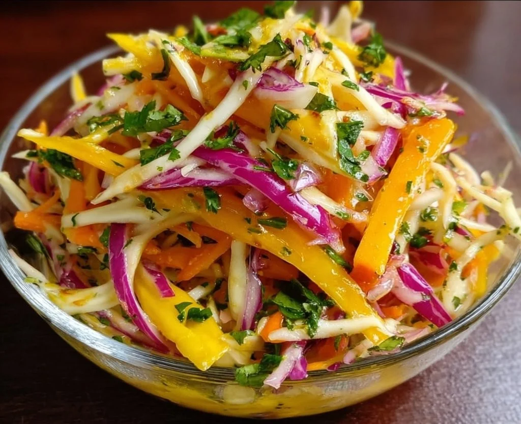 Colorful mango slaw with fresh vegetables in a bowl