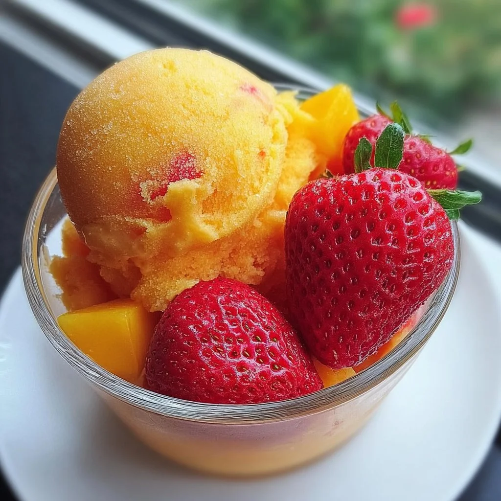 Delicious Mango Strawberry Sorbet served in a bowl with fresh fruits.