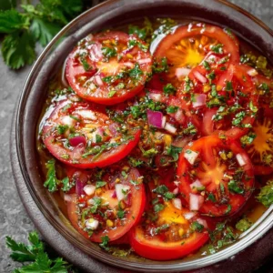 Delicious marinated tomatoes in a bowl, showcasing vibrant colors and herbs.