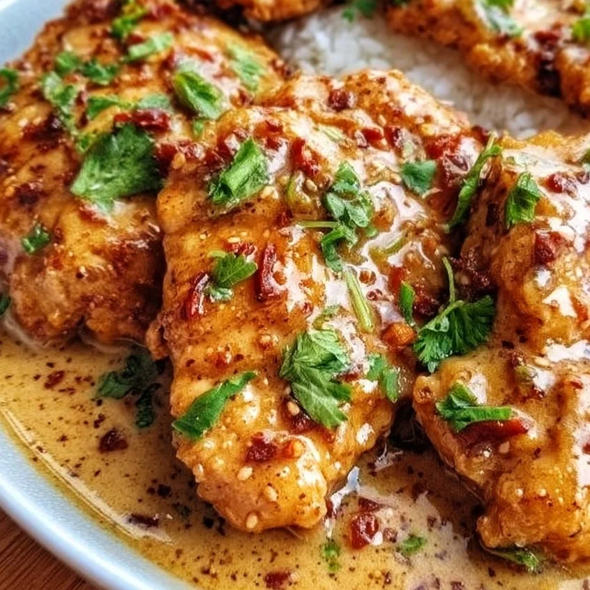 A tempting plate of Marry Me Chicken garnished with herbs and served with pasta.