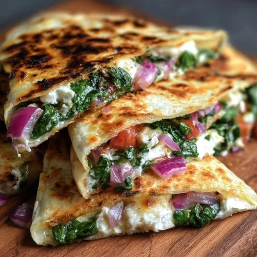 Mediterranean Quesadillas with spinach, feta, mozzarella, and red onion served on a plate