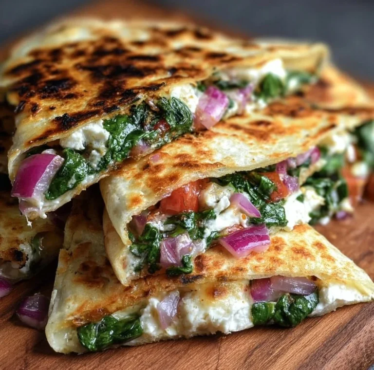 Mediterranean Quesadillas with spinach, feta, mozzarella, and red onion served on a plate