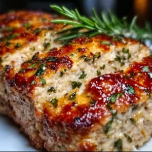 Melt-in-your-mouth Garlic Parmesan Chicken Meatloaf served with herbs