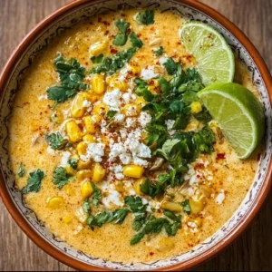Mexican Street Corn Soup Bowl of Mexican Street Corn Soup garnished with cilantro and lime