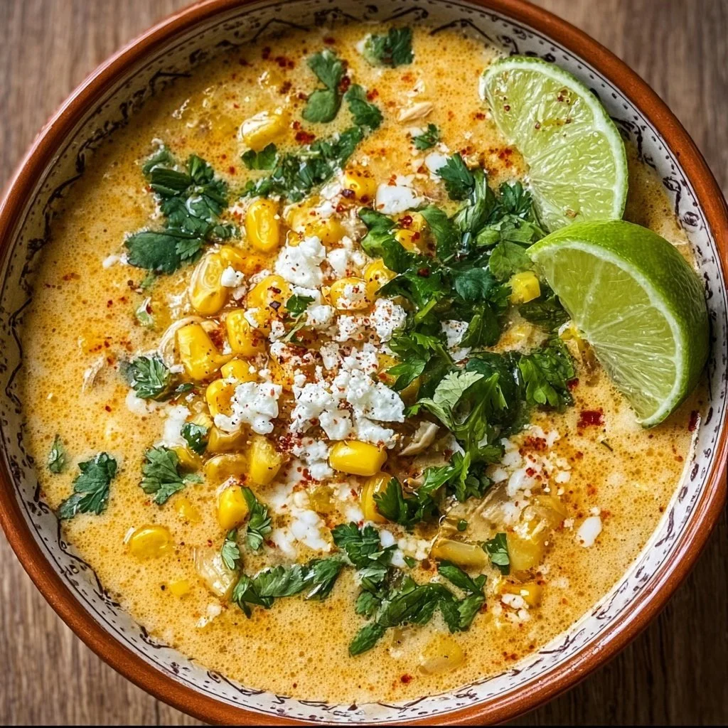 Bowl of Mexican Street Corn Soup garnished with cilantro and lime