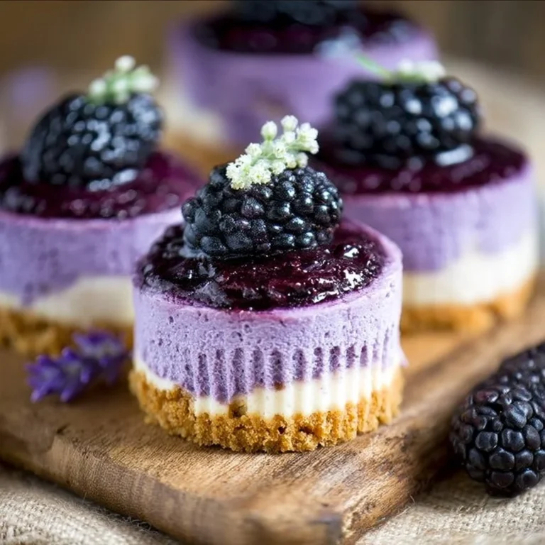 Mini blackberry lavender cheesecakes topped with fresh blackberries and lavender