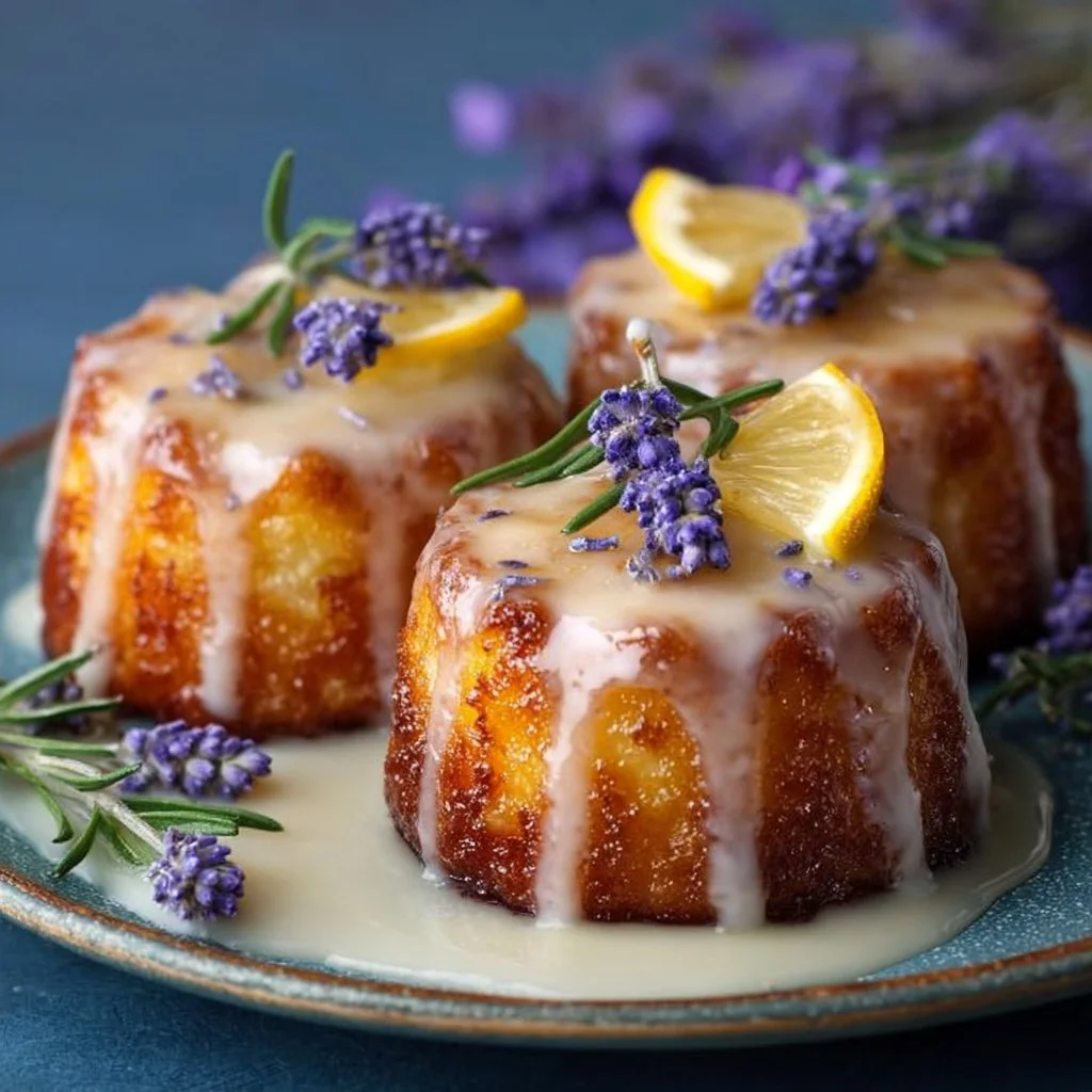 Mini lemon cakes with lavender glaze, fresh and vibrant dessert.