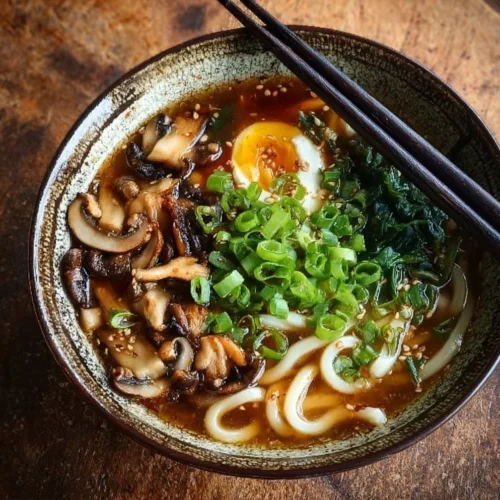 Miso Udon Noodle Soup with Teriyaki Mushrooms Bowl of Miso Udon Noodle Soup with Teriyaki Mushrooms