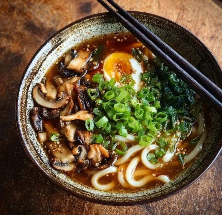 Bowl of Miso Udon Noodle Soup with Teriyaki Mushrooms