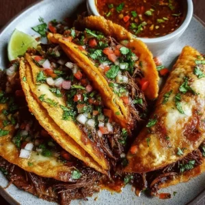 Delicious birria tacos served with rich broth and garnished with fresh toppings