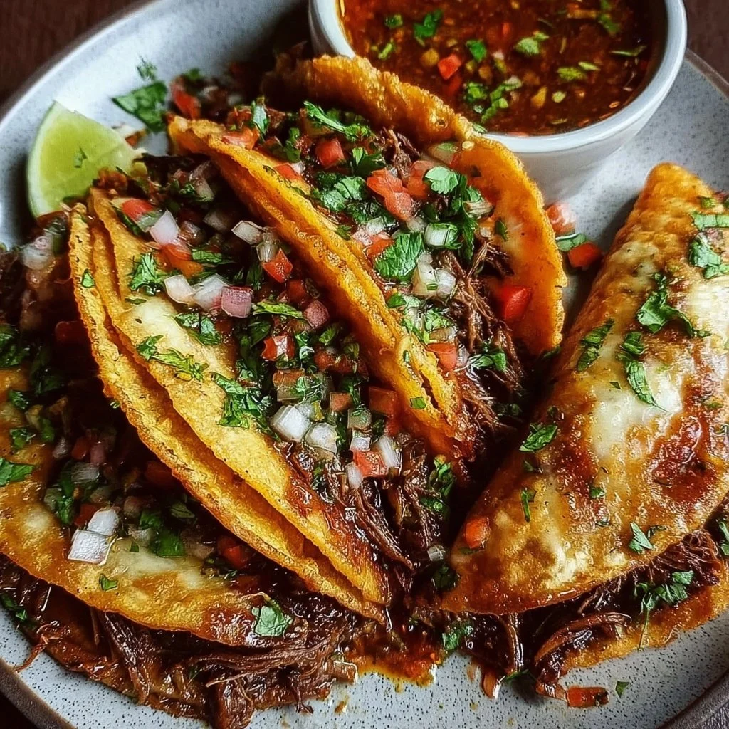 Delicious birria tacos served with rich broth and garnished with fresh toppings