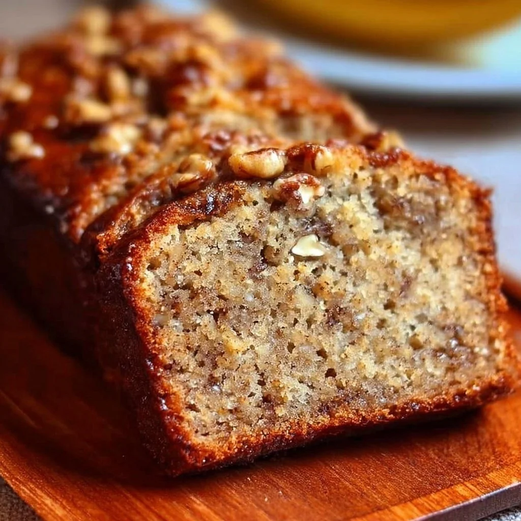 Delicious slice of banana nut bread served on a plate with walnuts