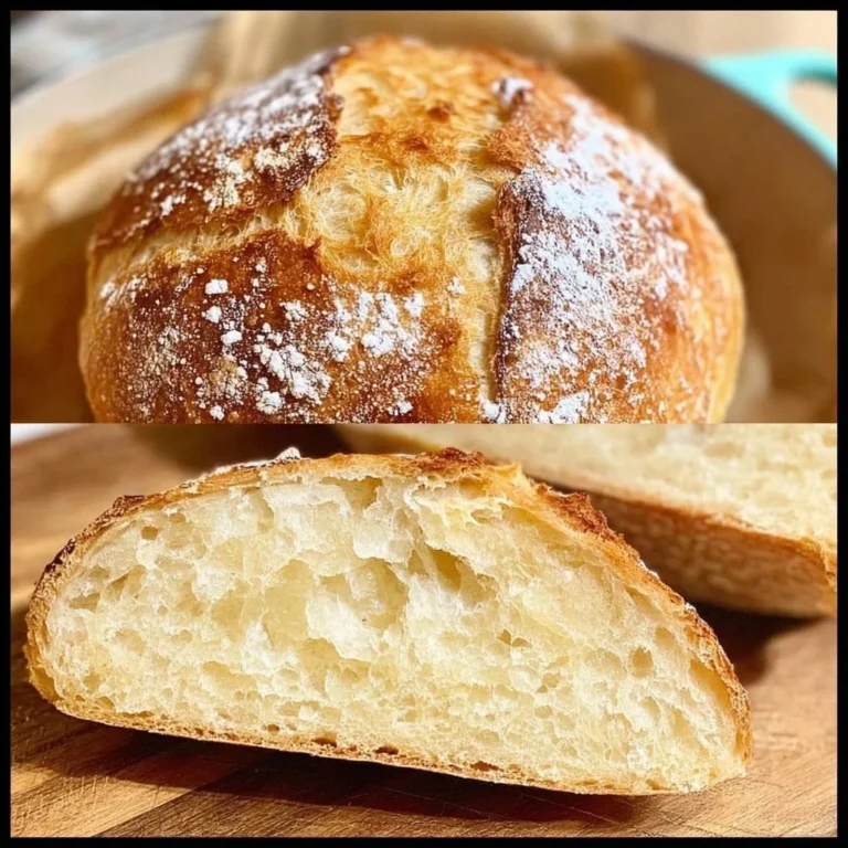 Freshly baked no knead Dutch oven bread with a golden crust.