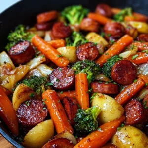 One-Pan Honey Garlic Kielbasa with colorful vegetables for a quick family meal.