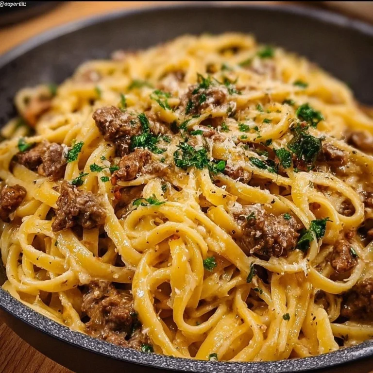 One-pot creamy beef pasta with garlic butter and tender beef for a delicious meal