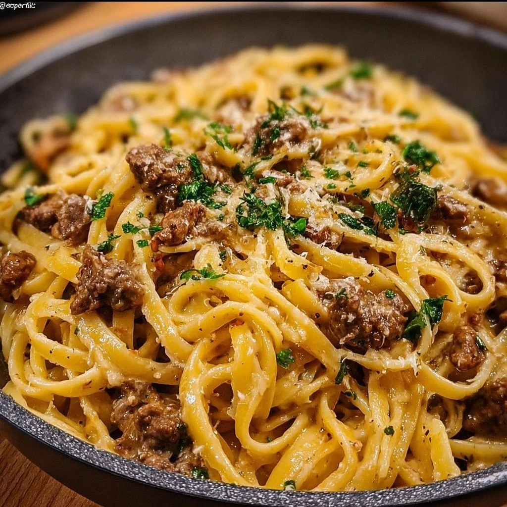 One-pot creamy beef pasta with garlic butter and tender beef for a delicious meal