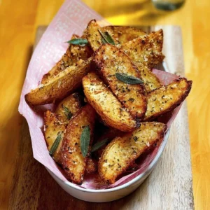 Crispy Parmesan and Sage Potato Wedges served on a plate