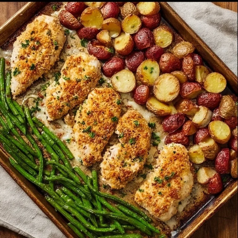 Parmesan crusted chicken and vegetables on a sheet pan for a tasty dinner