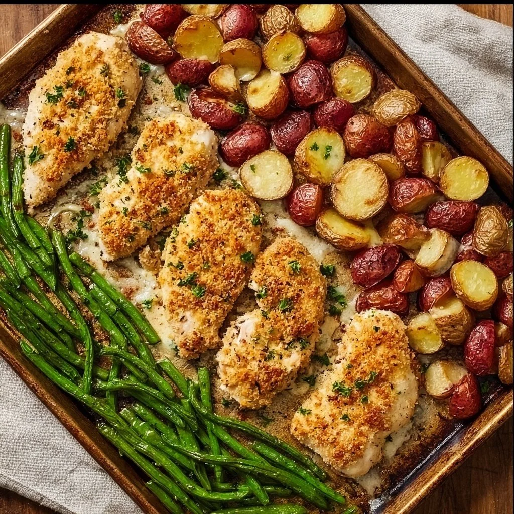 Parmesan crusted chicken and vegetables on a sheet pan for a tasty dinner