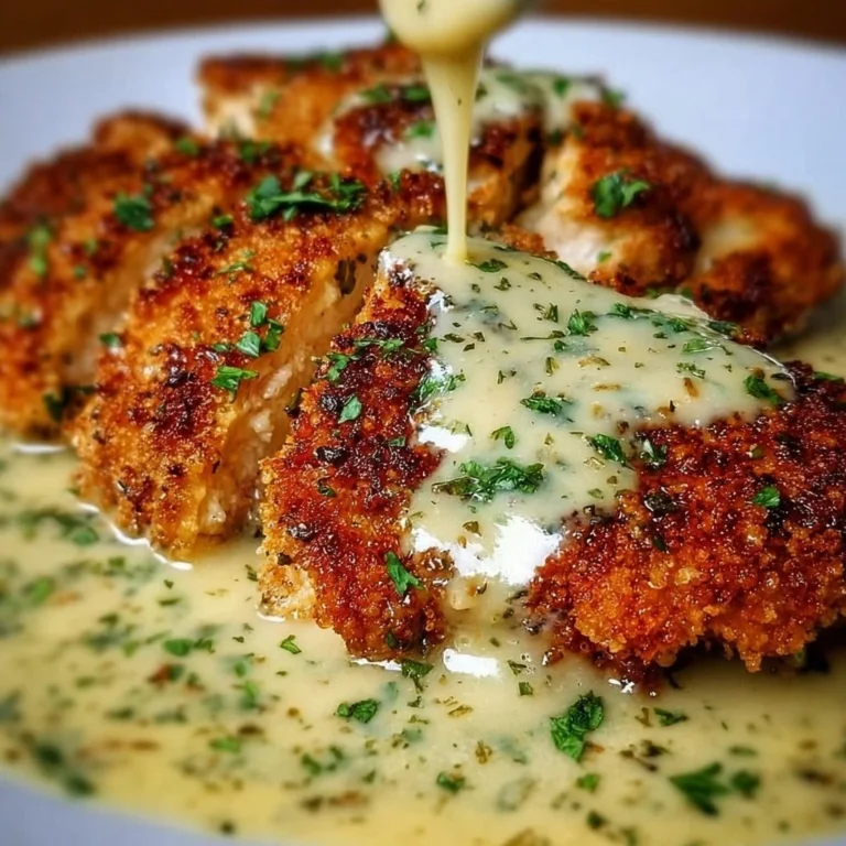 Delicious Parmesan Crusted Chicken served with creamy garlic sauce.