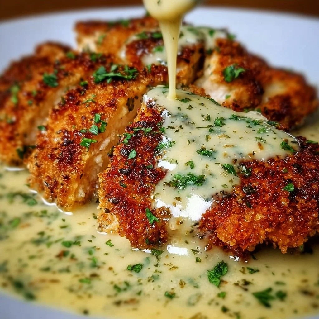 Delicious Parmesan Crusted Chicken served with creamy garlic sauce.