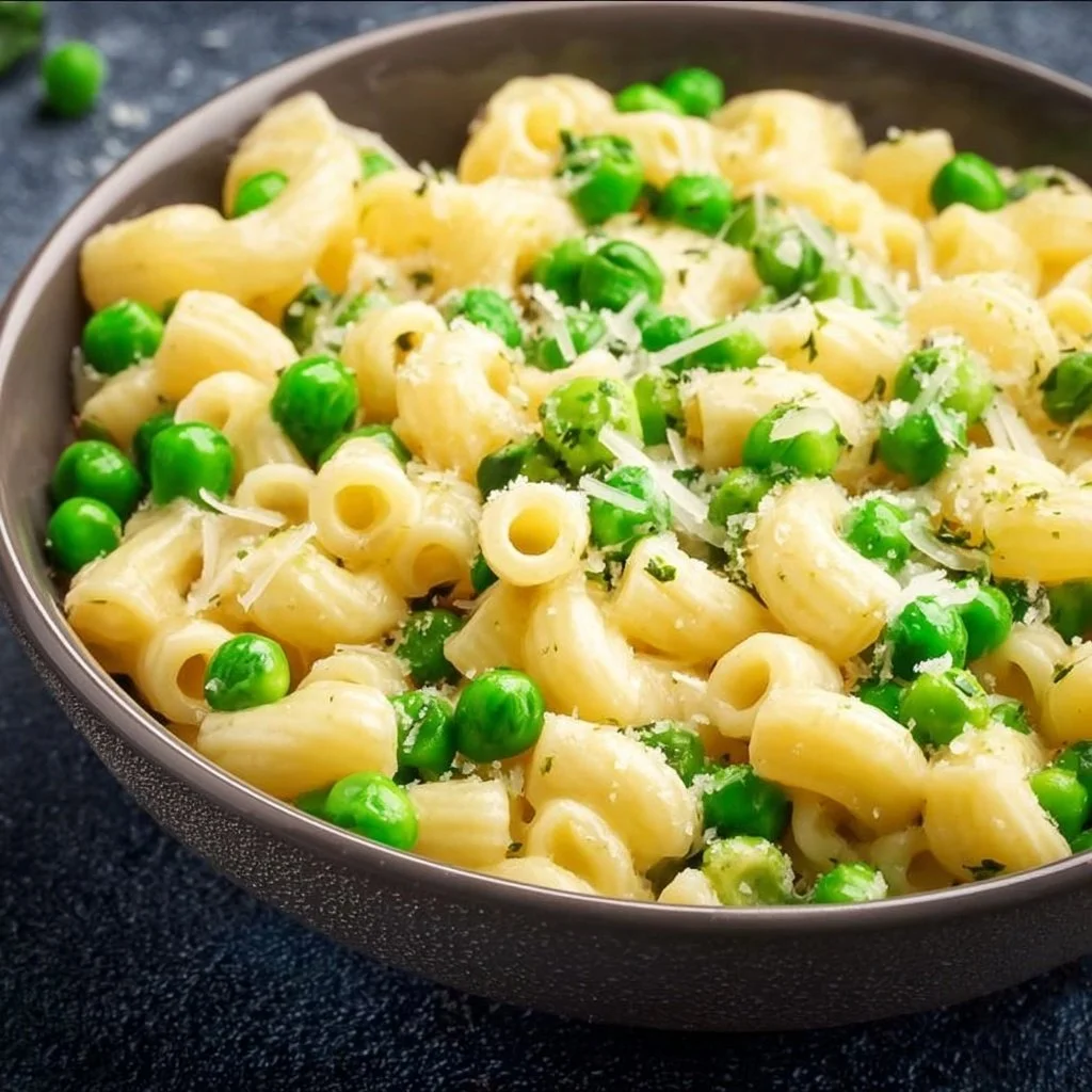 A vibrant plate of pasta with green peas and a sprinkle of Parmesan cheese.
