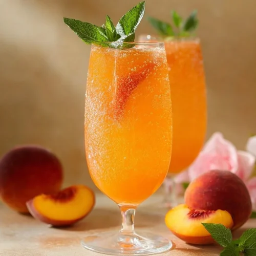 Refreshing Peach Bellini Mocktail made with fresh peaches and sparkling water