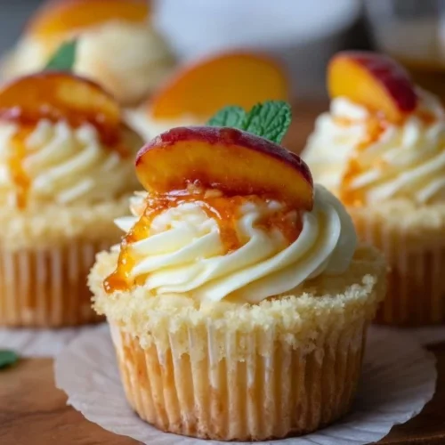 Peach and honey cheesecake cupcakes topped with fresh fruit and creamy frosting